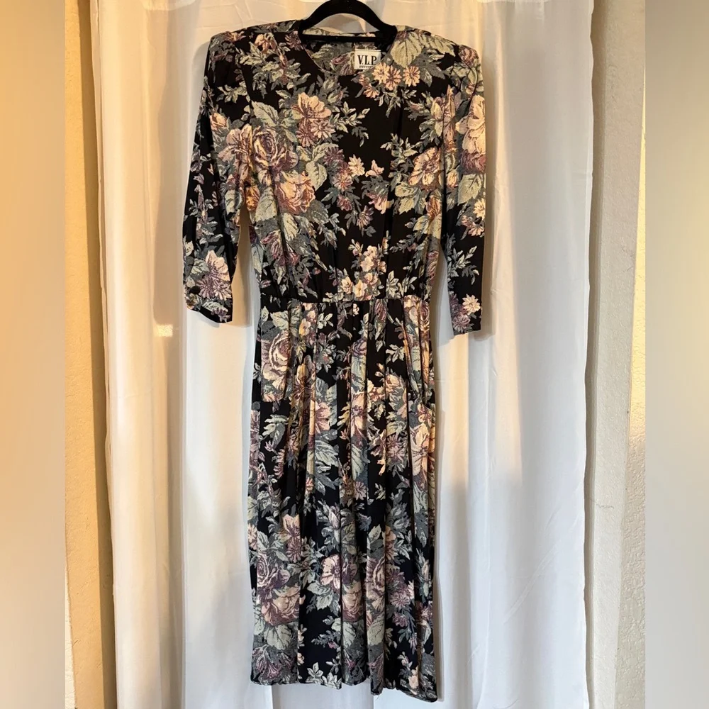 Vintage 90s Floral Midi Dress Union Made USA Size 8 Shoulder Pads - Picture 1 of 15